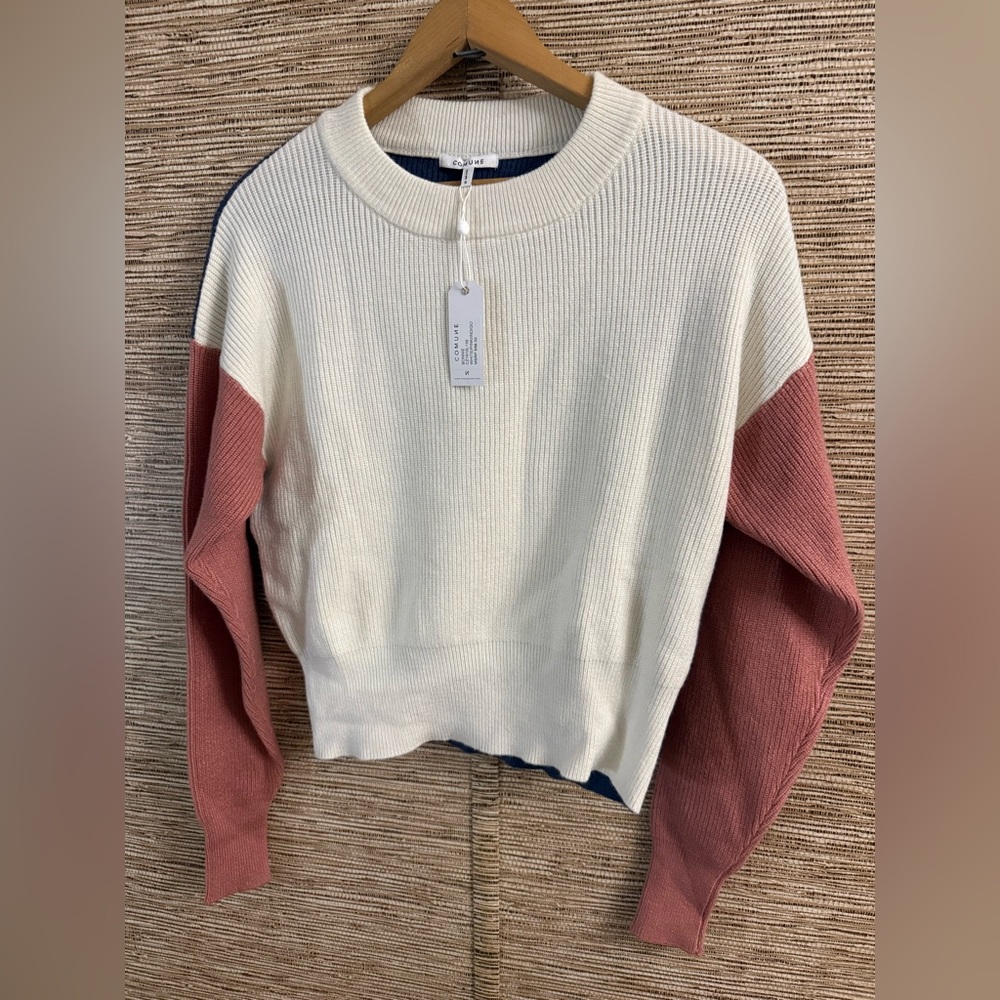 Comune Bonnie Pink Indigo Ivory Colorblock Rib Knit Crew Neck Sweater Small NEW